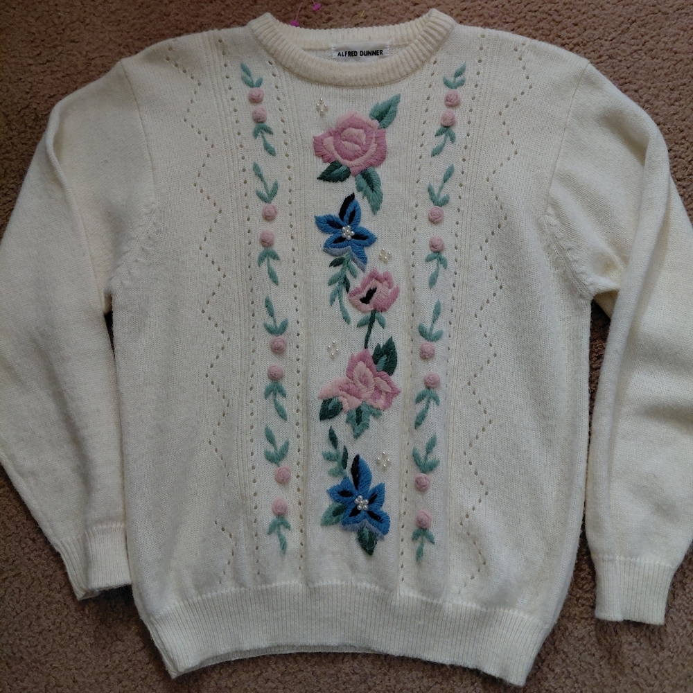 Vintage Alfred Dunner Cream Floral Embroidered Sweater Size Large
